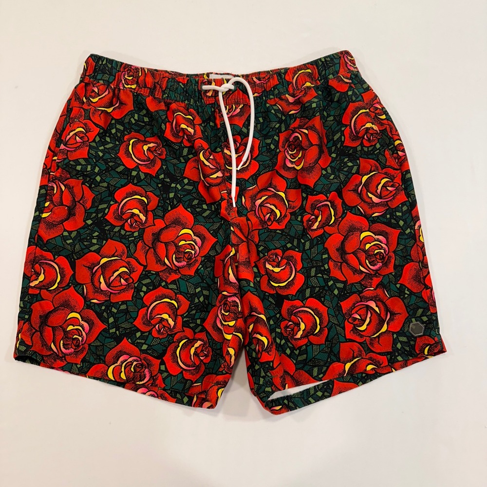 Empyre Rose Print Swim Trunks Mens Large Red Floral Zipper Pocket | Skate/Surf